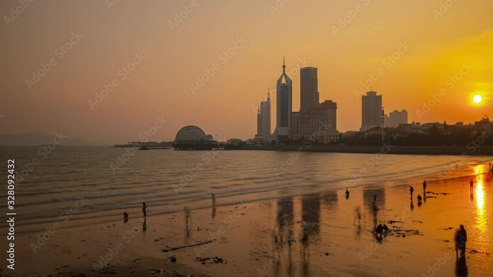 sunset sky qingdao city famous crowded beach timelapse panorama 4k china sunset sky qingdao city famous crowded beach timelapse panorama 4k china