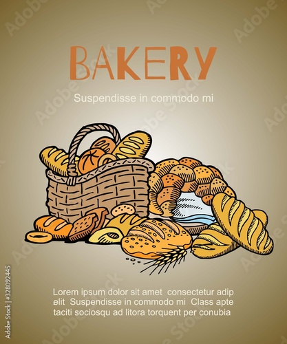 Bakery and homemade bread shop vector illustration sketch, loaf, baguette in basket bakery house with fresh pastry. Baking goods poster with typography.