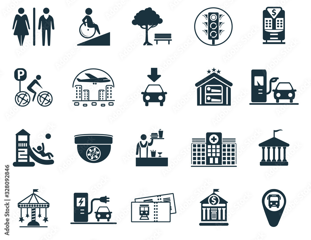 Set of simple icons. Restroom sign,  Disabled accessibility,  Public Park, Traffic Light, Vending Machine, Bicycle Parking, Airport, Car parking, Hostel, Filling station, Playground, Street camera.