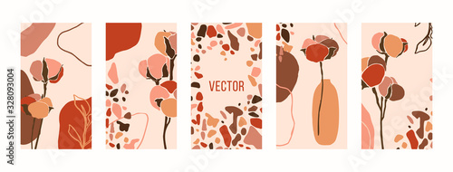 Set Backgrounds with cotton flowers and terrazzo mosaic. Mobile Wallpapers templates for social media stories. Vector