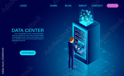 Data center server room and big data processing Protecting data security concept. digital information. isometric. dark neon cartoon vector