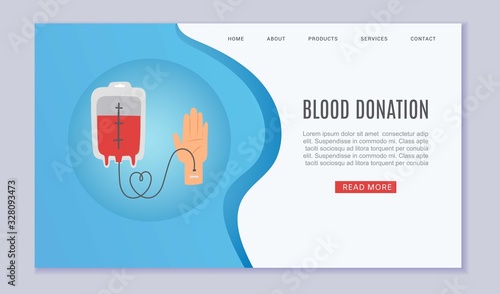 Blood donation web template with donors hand and blood tube, lifesaving and hospital care assistance vector illustration. Red medical hospital webpage for blood donors, charity.