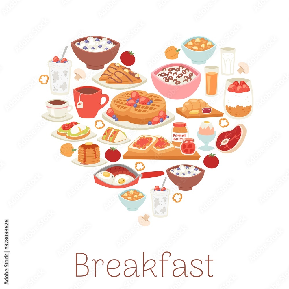 Breakfast morning meal in heart shape menu with coffee, croissant, waffles, fried eggs and bacon, oatmeal top view banner vector illustration. Breakfast hotel, cafe or restaurant banner.