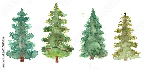 Green pine trees watercolor set in white background. Fir trees silhouettes and splashes background. Watercolor abstract woodland