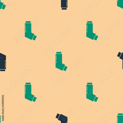 Green and black Inhaler icon isolated seamless pattern on beige background. Breather for cough relief, inhalation, allergic patient. Medical allergy asthma inhaler spray. Vector Illustration