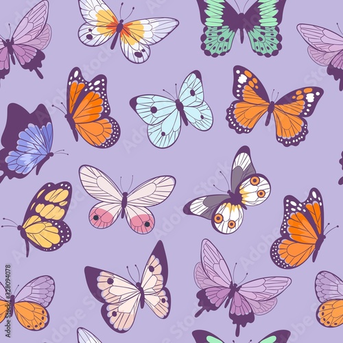 Butterflies seamless pattern flying beautiful spring and summer insects vector cartoon illustration. Butterflies isolated on lilac background. © partyvector