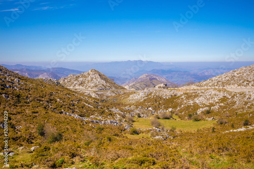 Mountain rocky landscape. Picos de Europa national park. Road to Lagos de Covadonga, Asturias, Spain, Europe