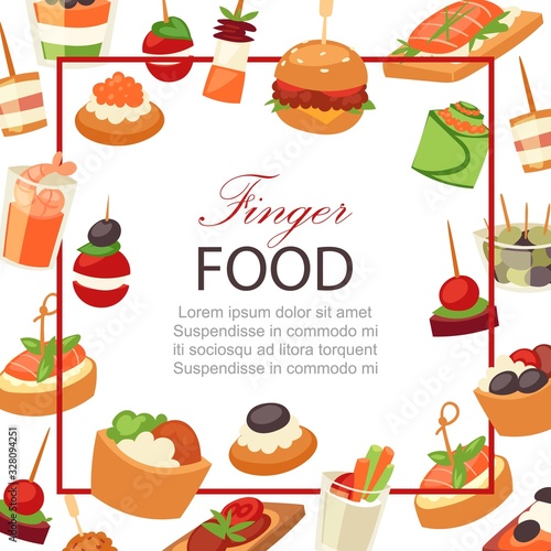 Canapes, tapas on plate, appetizer, finger food with caviar, olives and green vegetables cartoon frame background vector illustration. Buffet, restaurant canape finger food and snack poster.