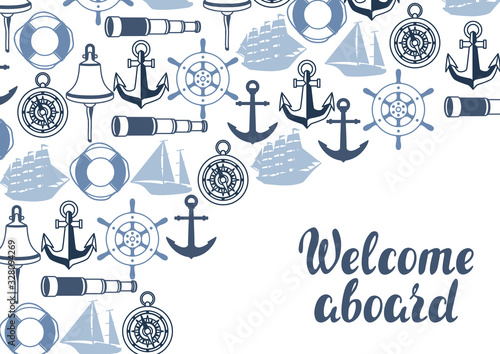 Background with nautical symbols and items.