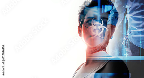 Double exposure of feamle face with medical science doctor wotking with modern computer in biohazard sign UI at lab or hospital. photo