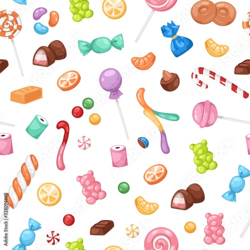Candy confectionery and sweets seamless pattern, lollipop, caramel and jelly cartoon vector illustration. Candies and confectionary isolated on white background for sweet shop wrapping or kids party.