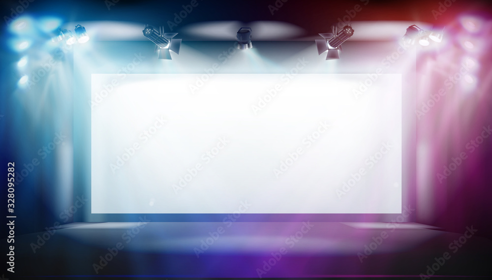 Projection screen in art gallery. Show on the stage. Free space for ...