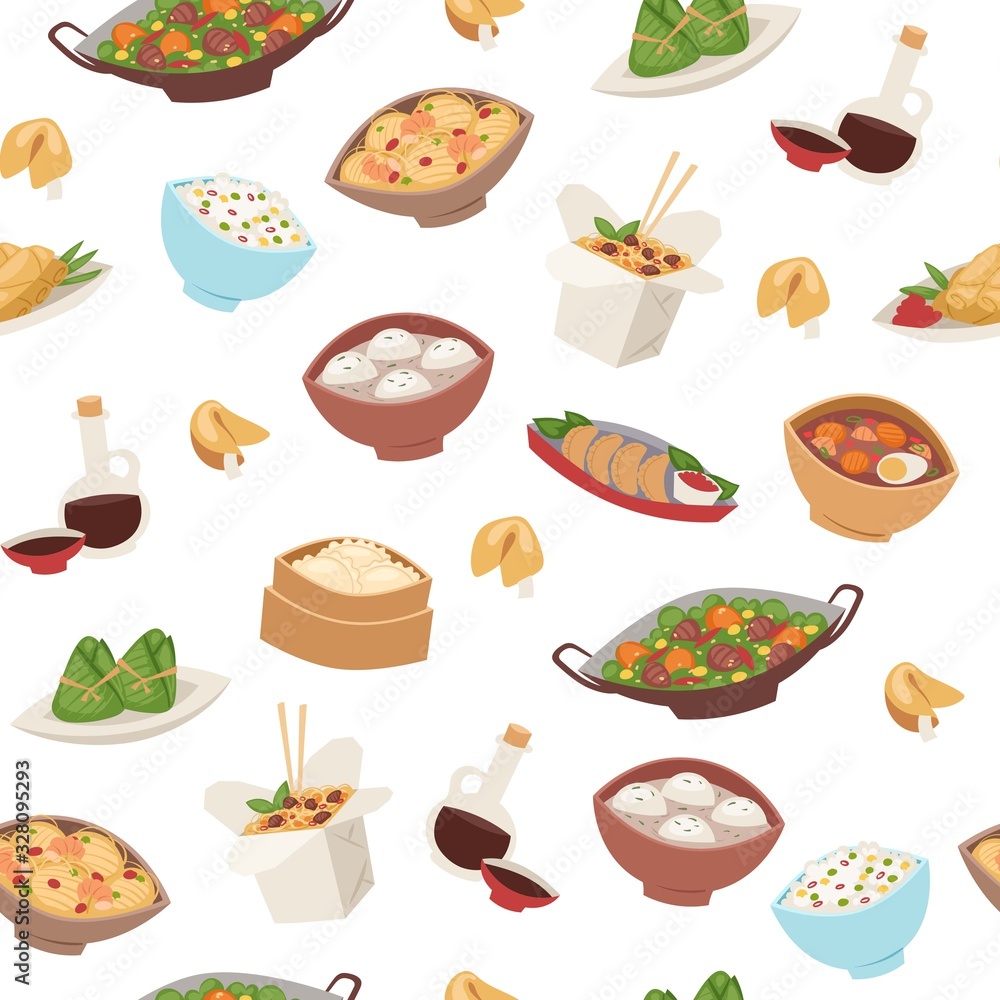 Fototapeta Chinese food, asian street and restaurant cuisine dishes semless pattern cartoon vector illustration. Thai, japanese and chinese food with dinner and lunch dishes, soups, dumpling, dim sum background.