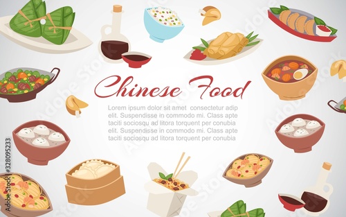 Chinese food, asian street and restaurant cuisine dishes banner cartoon vector illustration. Thai, japanese and chinese food with dinner and lunch dishes, soups, dumpling and dim sum poster.