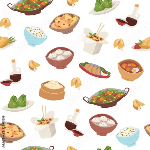 Chinese food  asian street and restaurant cuisine dishes semless pattern cartoon vector illustration. Thai  japanese and chinese food with dinner and lunch dishes  soups  dumpling  dim sum background.