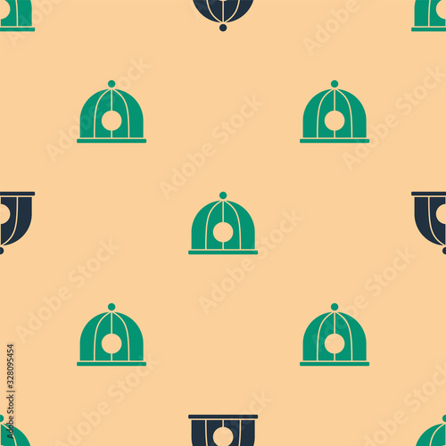 Green and black Chinese hat icon isolated seamless pattern on beige background. Vector Illustration