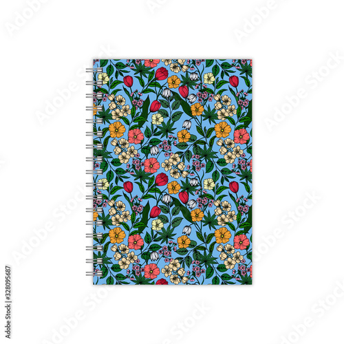 Realistic vector image (layout, mock-up) of a notebook with silver spiral , top view, 3d. Cover design of notebook with floral pattern. Vector EPS 10.