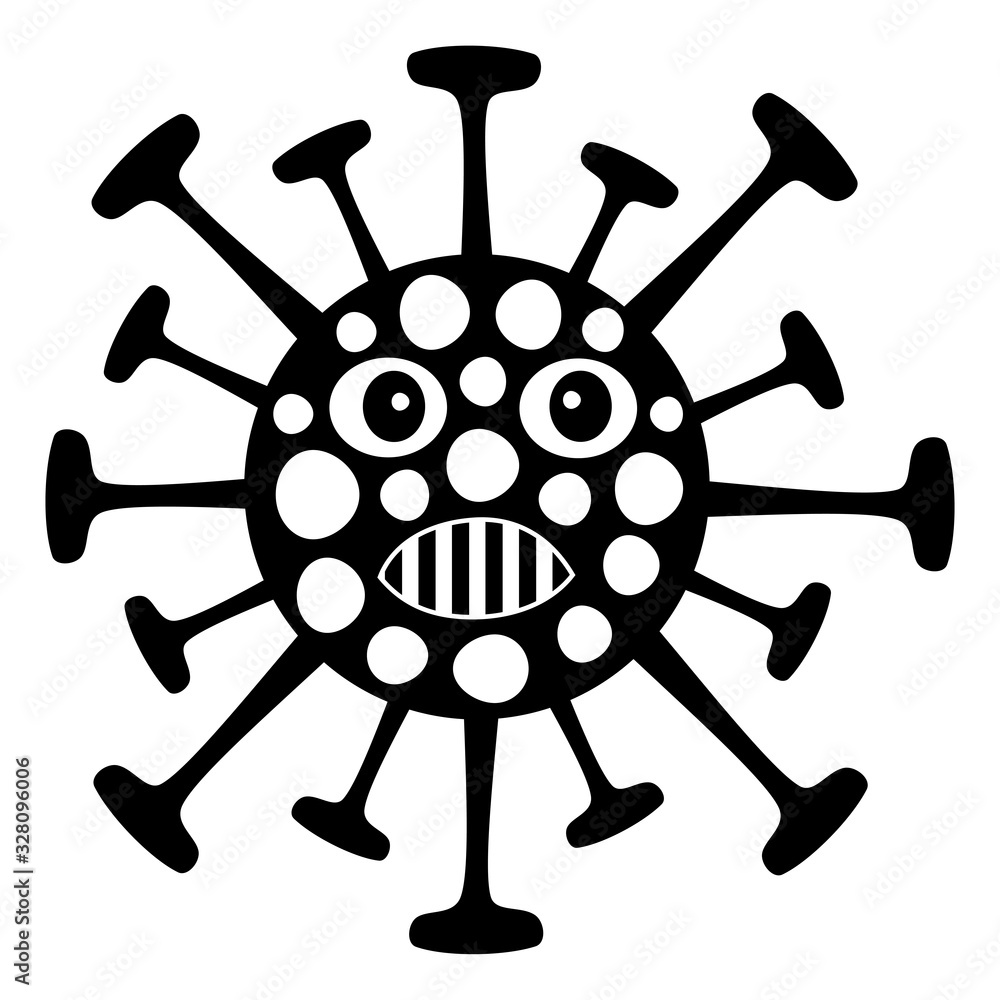 Fototapeta premium A stylized cartoon image of a coronavirus with face Teeth and eyes. Vector art graphic.