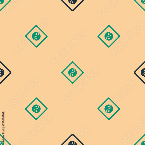 Green and black Yin Yang symbol of harmony and balance icon isolated seamless pattern on beige background. Vector Illustration