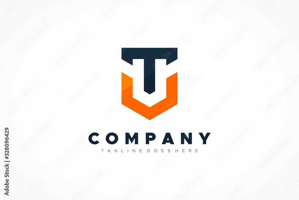 Dark Blue Orange Shield Military Letter T and V Logo. Flat Vector Logo Design Template Element. - obrazy, fototapety, plakaty 