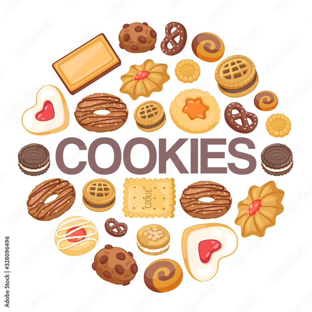 Sweet life with cookies background of different chocolate and biscuit chip cookies, gingerbread and waffle, top view isolated on white background vector illustration. Cookies sweet dessert poster. Sweet life with cookies background of different chocolate and biscuit chip cookies, gingerbread and waffle, top view isolated on white background vector illustration. Cookies sweet dessert poster.