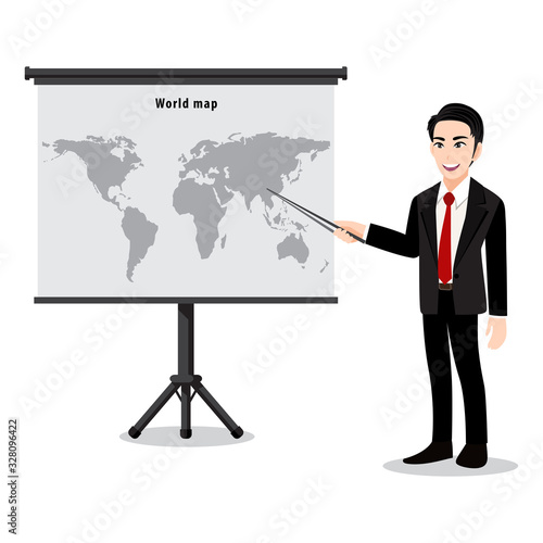 Cartoon character with a man presentation on map. Teacher or lector showing the map with pointer. Flat illustration vector