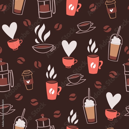 Coffee time  cafe  hot drinks dessert expresso and cappuccino seamless pattern cartoon vector illustration. Coffee time break concept with hot drink mugs background.