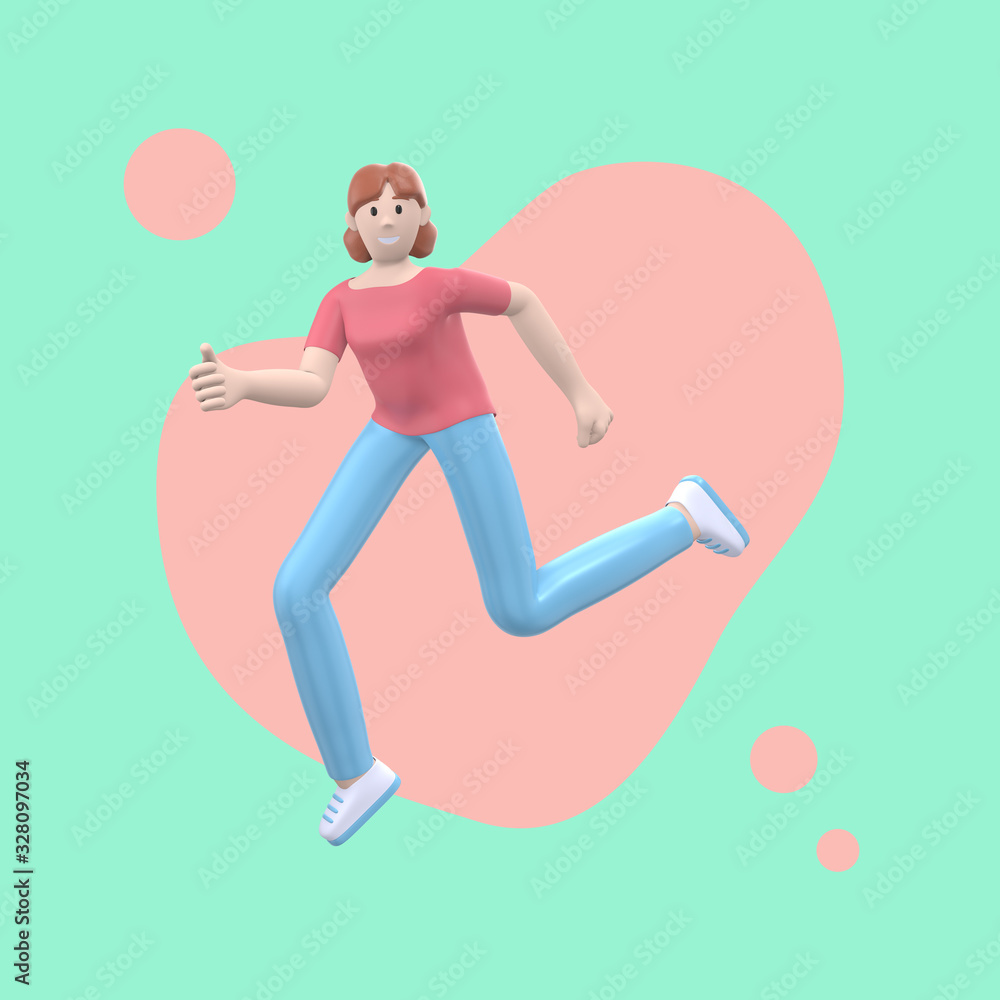 Positive character in colored clothes on an abstract stain background. A young cheerful girl runs, dances, jumps, levitates and flies. Funny cartoon people. 3D rendering. Positive character in colored clothes on an abstract stain background. A young cheerful girl runs, dances, jumps, levitates and flies. Funny cartoon people. 3D rendering.