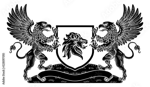 A crest coat of arms family shield seal featuring two griffins or griffons and lion
