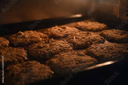 Baking cookies in bakery oven with high temperature