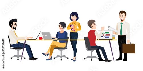 Cartoon character with Men and women sitting at desk and standing in meeting room, working at computers and talking with colleagues. Effective and productive teamwork. Vector illustration