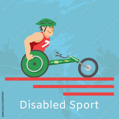 Disabled athlete sport riding in wheelchair bicycle, training cartoon vector illustration. Race competition for handicapped and disabled people poster.