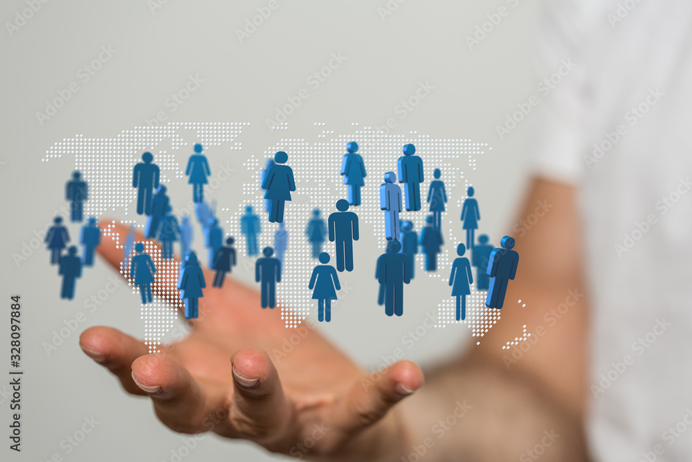 Digital hologram of the Earth with satellites on orbit. Digital globe with statistics data..