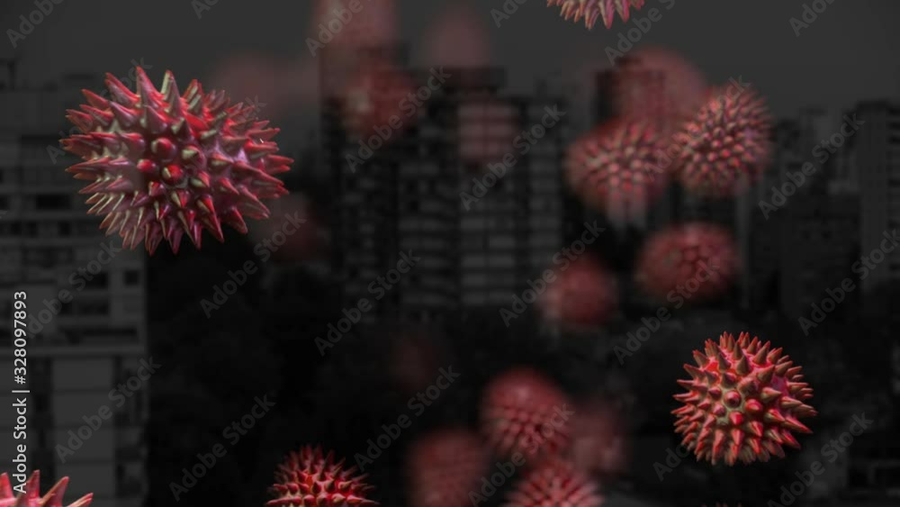 Animation of red corona virus with city in background Animation of red corona virus with city in background
