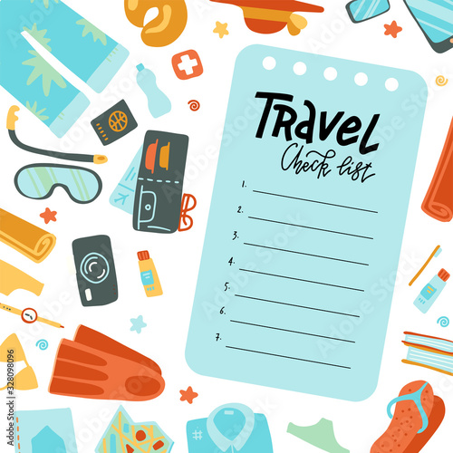 Airplane trip essentials. Traveling check list for carry-on bag for flight with passport and ticket, smartphone and , notebook and credit card and holiday equipment. Flat vector illustration