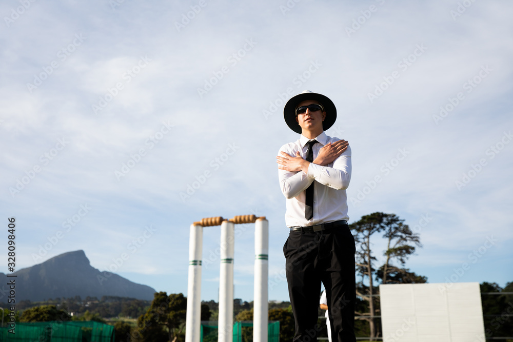 Cricket umpire making signs standing on a cricket pitch Cricket umpire making signs standing on a cricket pitch