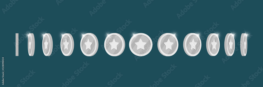 Silver 3d coin turn around different position set for game or apps animation. Bingo jackpot casino poker win rotation platinum elements. Cash treasure concept flat eps vector illustration Silver 3d coin turn around different position set for game or apps animation. Bingo jackpot casino poker win rotation platinum elements. Cash treasure concept flat eps vector illustration