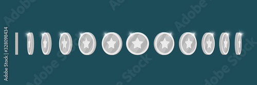 Silver 3d coin turn around different position set for game or apps animation. Bingo jackpot casino poker win rotation platinum elements. Cash treasure concept flat eps vector illustration