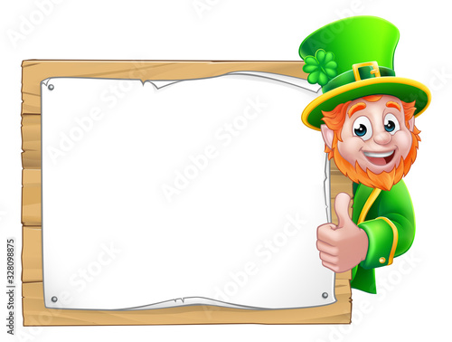 Leprechaun St Patricks Day cartoon character peeking around a sign background and giving a thumbs up