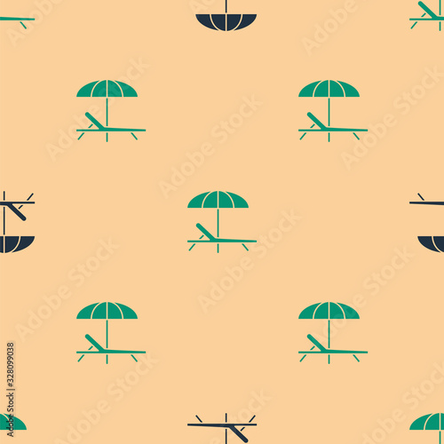 Green and black Sunbed icon isolated seamless pattern on beige background. Beach umbrella and Sun lounger. Vector Illustration