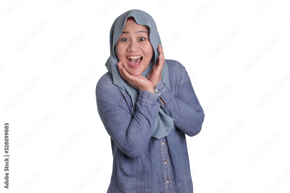 Cute Muslim Lady Shows Shocked Surprised Face with Open Mouth Cute Muslim Lady Shows Shocked Surprised Face with Open Mouth