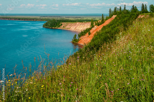 Andoma Cape with Andoma Hill at Onega Lake, Vologda region, Russia. Natural background view photo