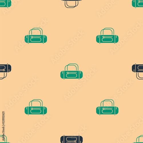Green and black Sport bag icon isolated seamless pattern on beige background. Vector Illustration