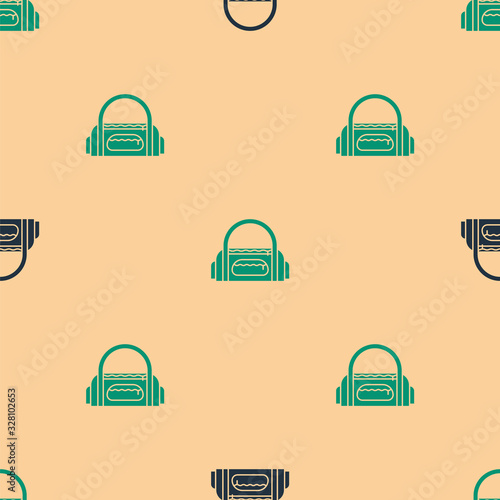 Green and black Sport bag icon isolated seamless pattern on beige background. Vector Illustration