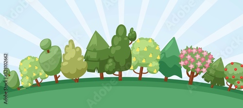 Summer forest with blooming trees, cute landscape cartoon vector illustration. Spring or summer trees with flowers and fruits and uprising sun sky and forest background.