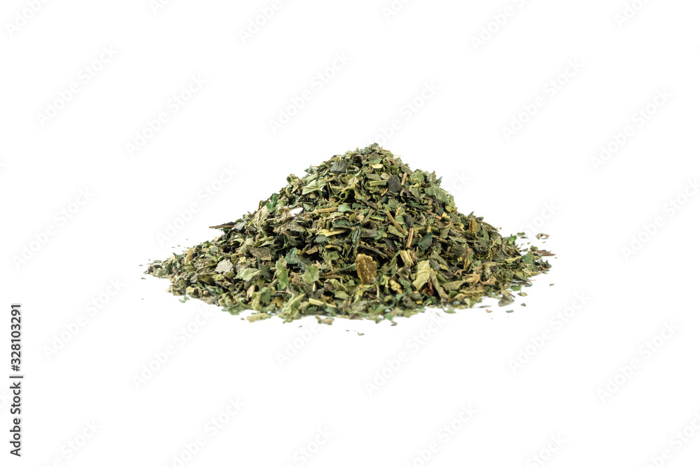 dried nettle herb or in latin Utricae folium heap of isolated on white background. medicinal healing herbs. herbal medicine. alternative medicine dried nettle herb or in latin Utricae folium heap of isolated on white background. medicinal healing herbs. herbal medicine. alternative medicine