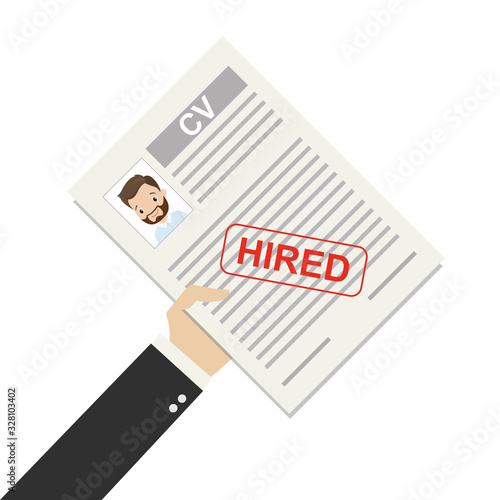 Hand holding CV resume page,hired stamp,job search concept,