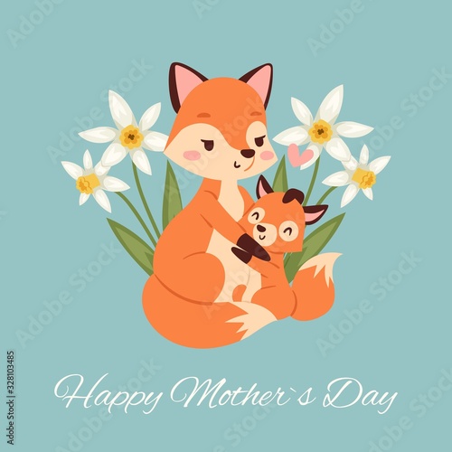 Mothers day with fox and its baby fox card with beautiful spring flowers cartoon vector illustration. Mama fox hugging its child for mothers day greeting card.