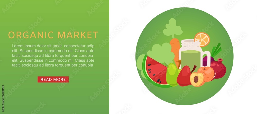 Fototapeta premium Organic market of fresh healthy food products for vegetarians, vegetables and fruits web banner cartoon vector illustration. Organic market carrot, apples and pomegranates fruity juices web banner.