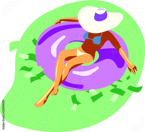 woman in white hat swimming with violent rubber ring in green money sea. vector illustration